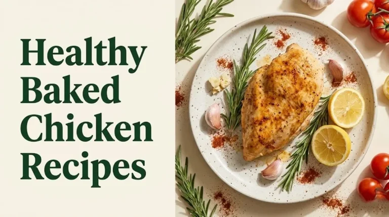 Healthy baked chicken recipes overhead flat-lay with lemon, rosemary, and garlic on a cream ceramic plate.
