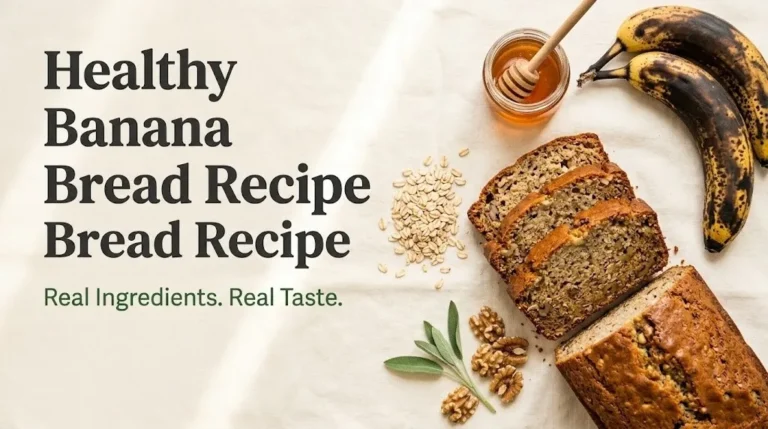 Healthy banana bread recipe sliced loaf with ripe bananas, honey, and walnuts on cream linen background.