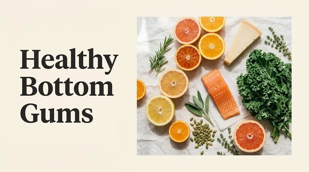 Healthy bottom gums food guide showing citrus, salmon, and leafy greens on cream background with bold text overlay.