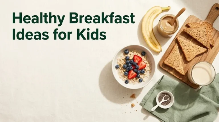Healthy breakfast ideas for kids flat-lay showing oats, berries, whole wheat toast, and sunflower seed butter on a cream background.