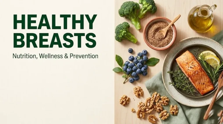 Healthy breasts nutrition guide banner showing broccoli, flaxseed, salmon, blueberries, walnuts, and olive oil flat-lay