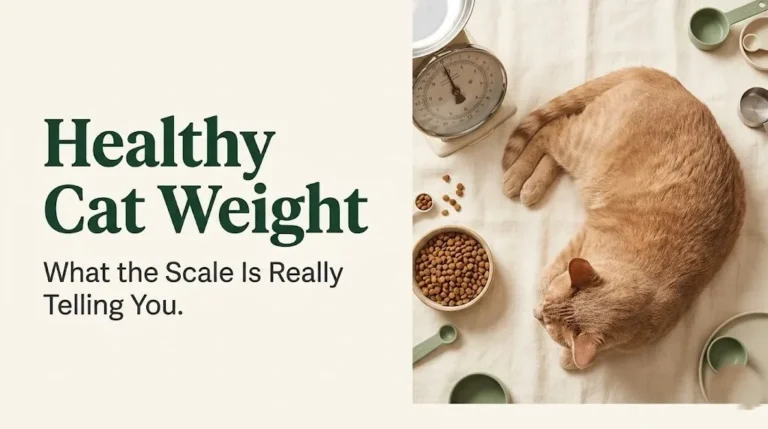 Healthy cat weight guide hero image showing a domestic shorthair cat on a cream surface with a kitchen scale nearby.