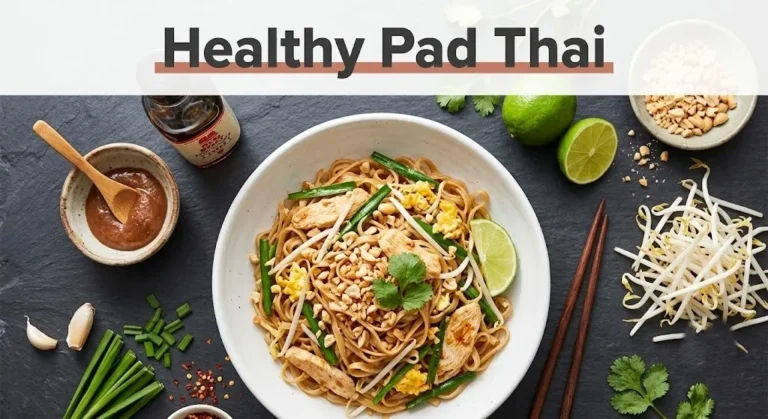 Healthy chicken pad thai in a white bowl with brown rice noodles and peanuts. Text reads Healthy Pad Thai.