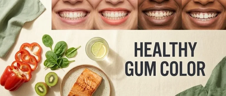 Healthy gum color comparison with pink and brown gums, surrounded by bell pepper, spinach, and salmon for nutrition.