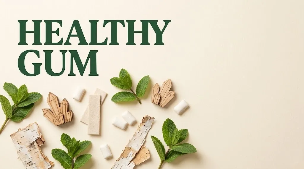 Healthy gum options including xylitol gum pieces, fresh mint, and birch bark on a cream background with bold green title text.