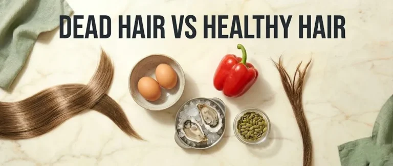 Healthy hair strand next to split-end hair, with eggs and oysters, text reading dead hair vs healthy hair.