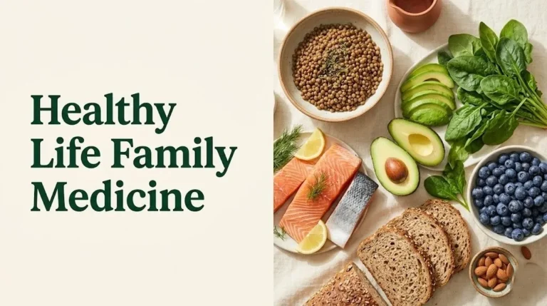 Healthy life family medicine nutrition guide with whole foods including salmon, lentils, avocado, and blueberries on a flat lay.