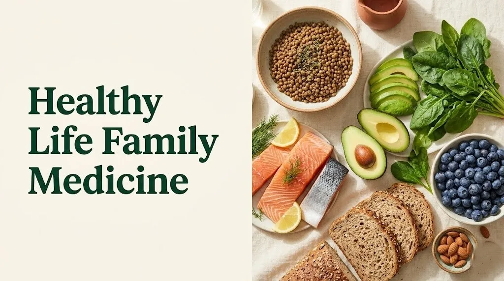 Healthy life family medicine nutrition guide with whole foods including salmon, lentils, avocado, and blueberries on a flat lay.