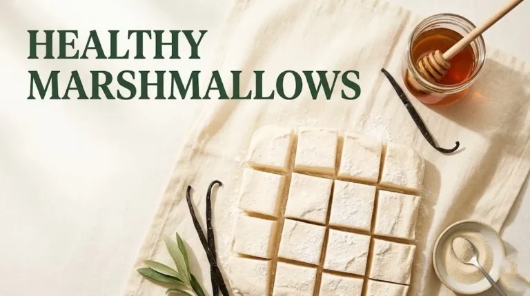 Healthy marshmallows made with honey and gelatin, cut into squares on a cream linen background, styled with raw honey and vanilla bean.