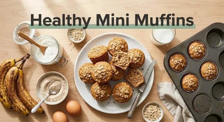 Healthy mini muffins on a plate with ripe bananas, Greek yogurt, whole wheat and eggs. Text reads Healthy Mini Muffins.