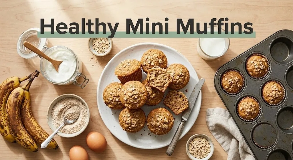 Healthy mini muffins on a plate with ripe bananas, Greek yogurt, whole wheat and eggs. Text reads Healthy Mini Muffins.
