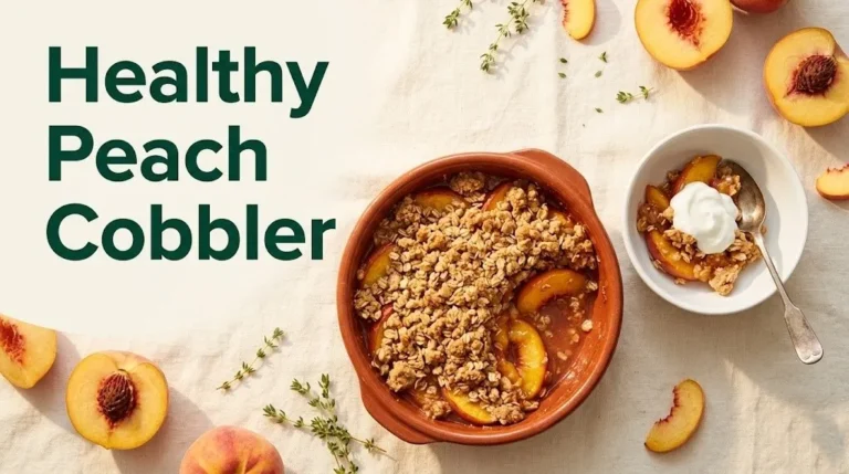 Healthy peach cobbler in a ceramic dish with oat topping, fresh peach halves, and a served portion in a white bowl.