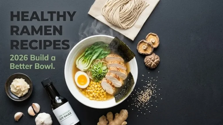Healthy ramen bowl with chicken, egg, bok choy, and nori surrounded by fresh ingredients. Headline reads Healthy Ramen Recipes.