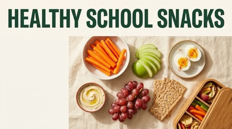 Healthy school snacks flat lay with apple slices, hummus, carrots, crackers, grapes, and hard-boiled egg on cream background