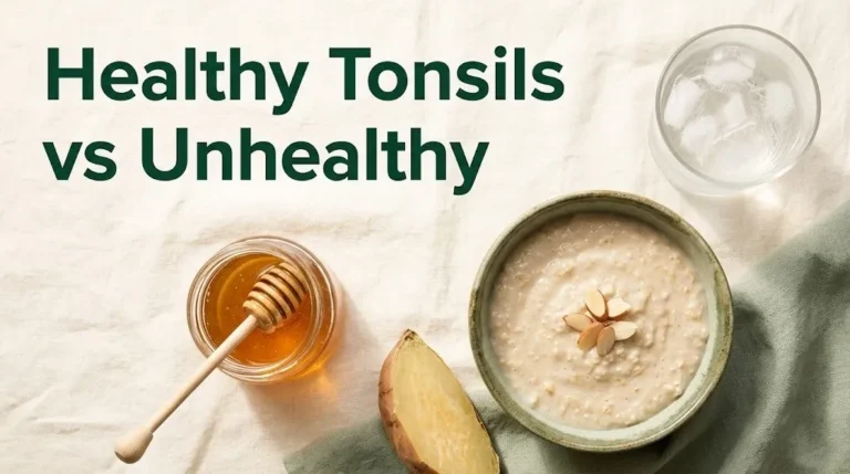 Healthy tonsils vs unhealthy comparison recovery foods including honey, oatmeal, sweet potato, and water on cream background.