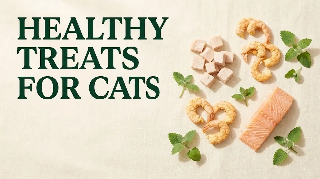 Healthy treats for cats arranged on a cream surface including cooked chicken, freeze-dried shrimp, and salmon pieces