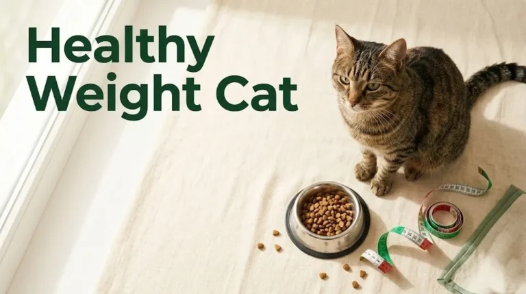 Healthy weight cat guide showing a tabby cat on a cream background with bold text and a measuring tape
