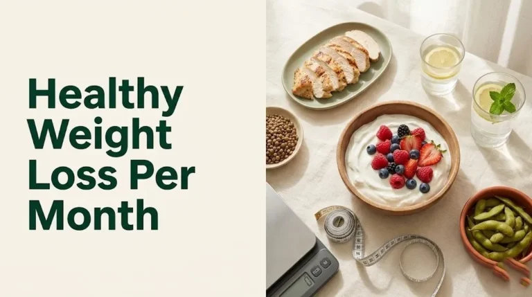 Healthy weight loss per month food guide showing high-protein foods, a kitchen scale, and measuring tape on a cream linen surface.