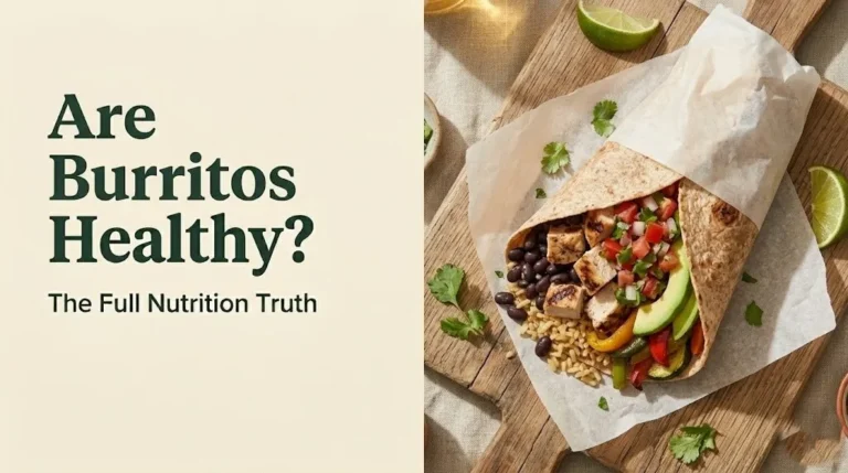 Hero banner asking Are Burritos Healthy beside a fresh chicken and bean burrito with vegetables and salsa