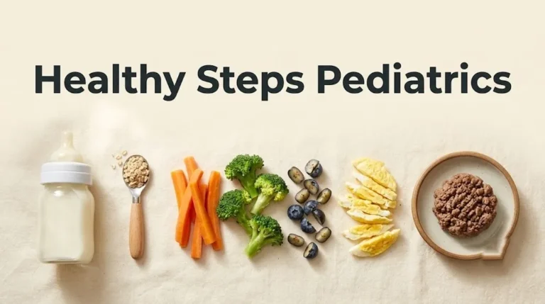 Hero banner showing pediatric nutrition foods for ages zero to three with the headline Healthy Steps Pediatrics.