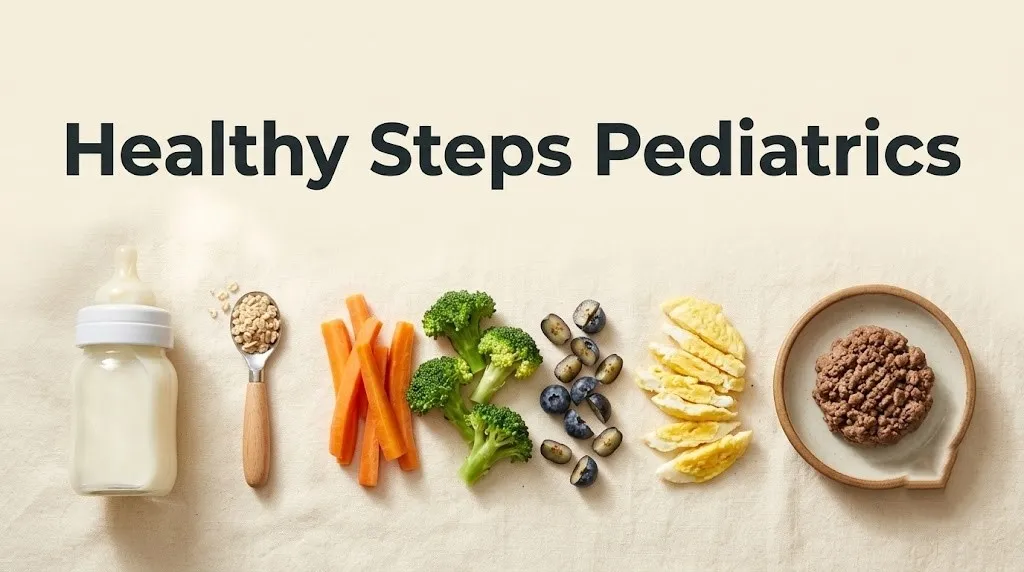 Hero banner showing pediatric nutrition foods for ages zero to three with the headline Healthy Steps Pediatrics.