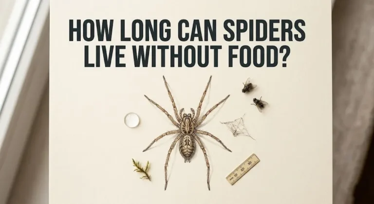 House spider model with dead flies and a water droplet, text how long can spiders live without food.