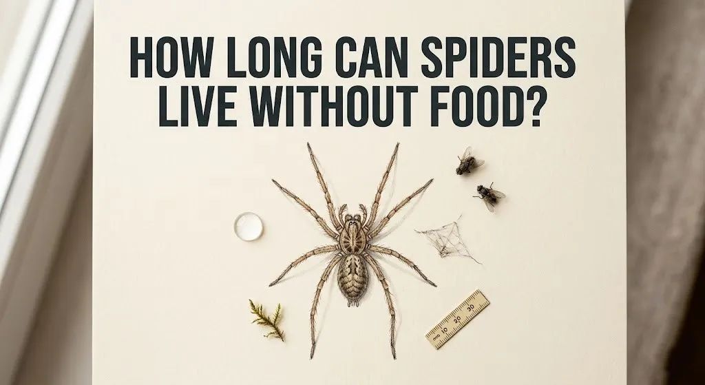 House spider model with dead flies and a water droplet, text how long can spiders live without food.