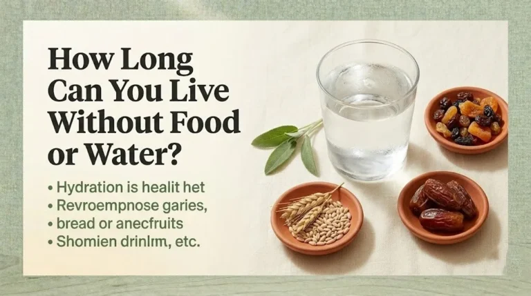 How long can you live without food or water, shown with water glass and food on cream background