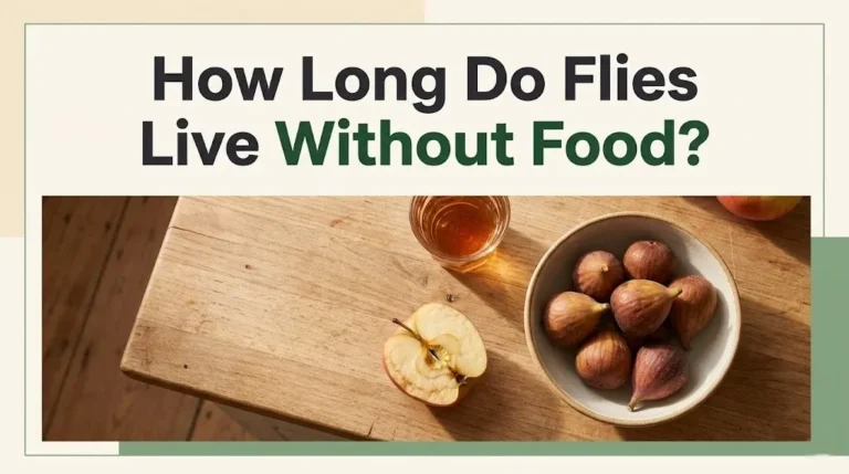 How long do flies live without food, shown with overripe fruit on a kitchen counter in editorial style banner