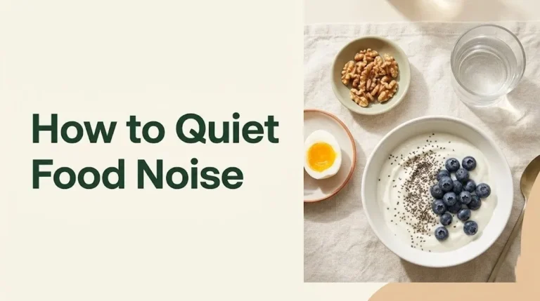 How to Quiet Food Noise protein-rich meal flat lay with yogurt, egg, and chia seeds on cream background