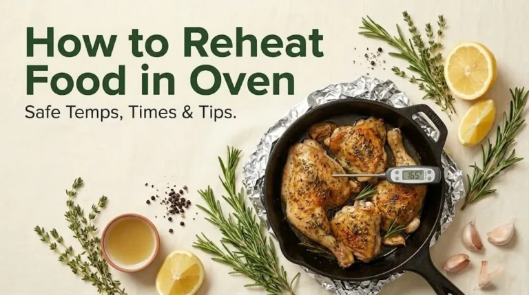 How to reheat food in oven guide showing chicken, thermometer at 165°F, broth, and foil on a linen surface.