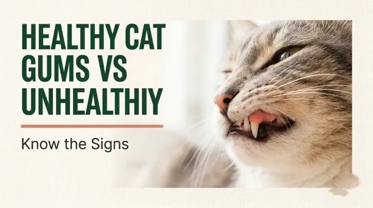 Infographic banner healthy cat gums vs unhealthy showing pink gum close-up and color reference guide for cat owners