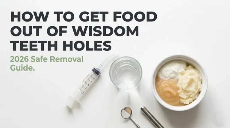 Irrigation syringe, salt water glass, soft foods, mirror, and penlight on white surface. Headline reads How to Get Food Out of Wisdom Teeth Holes.