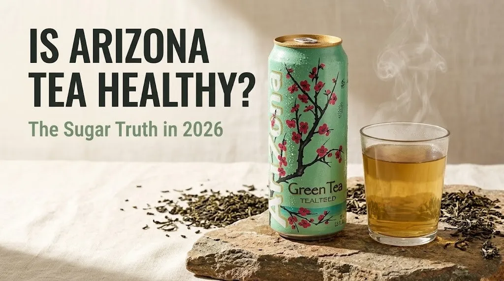 Is Arizona tea healthy comparison showing Arizona Green Tea can next to freshly brewed green tea on natural stone surface