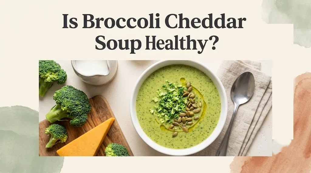 Is Broccoli Cheddar Soup Healthy banner with a bowl of green broccoli soup topped with pumpkin seeds.