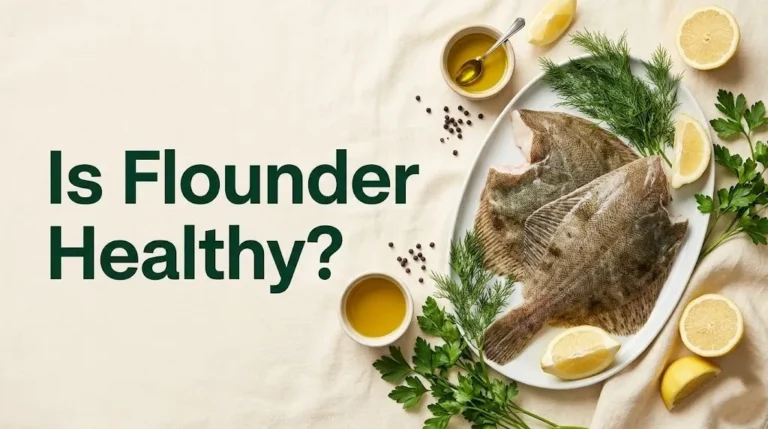 Is Flounder Healthy hero image showing raw flounder fillets with lemon, herbs, and olive oil on a white ceramic platter.