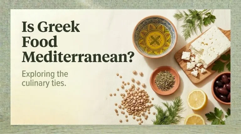 Is Greek food Mediterranean flat-lay of Greek ingredients including olive oil, feta, chickpeas, olives, and fresh herbs