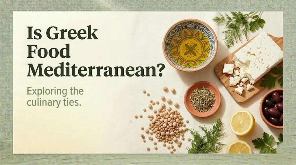 Is Greek food Mediterranean flat-lay of Greek ingredients including olive oil, feta, chickpeas, olives, and fresh herbs