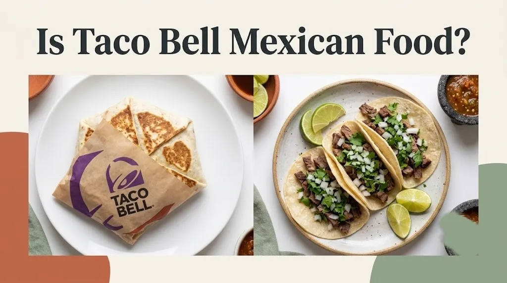 Is Taco Bell Mexican Food banner showing a Crunchwrap Supreme next to authentic Mexican street tacos for cultural comparison.