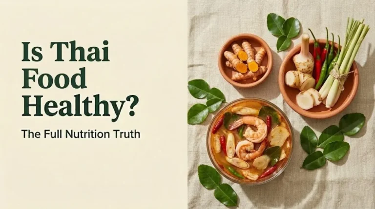 Is Thai food healthy guide with tom yum soup, turmeric, lemongrass, and Thai chilies on a flat-lay banner