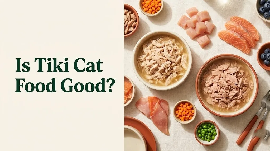 Is Tiki Cat food good canned wet cat food with shredded chicken and broth on a cream background, editorial flat-lay style.