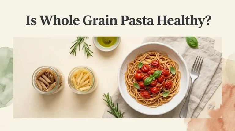Is Whole Grain Pasta Healthy banner with a bowl of whole grain spaghetti and marinara, comparing dry whole grain and white penne.