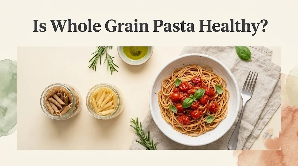 Is Whole Grain Pasta Healthy banner with a bowl of whole grain spaghetti and marinara, comparing dry whole grain and white penne.