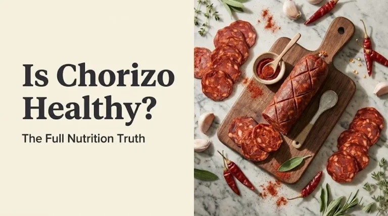 Is chorizo healthy Sliced Spanish chorizo with garlic and paprika on a marble surface, editorial food photography style.