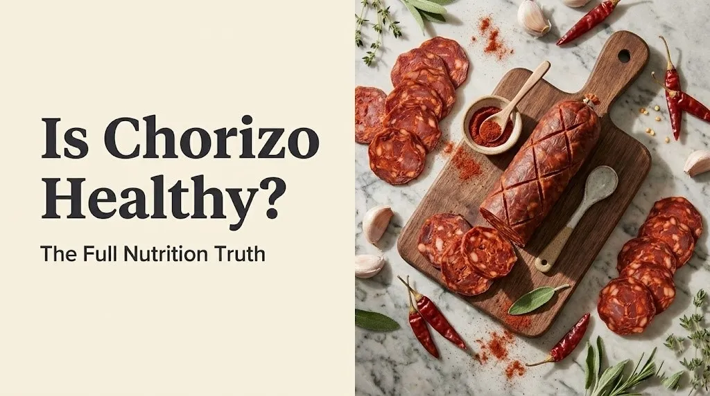 Is chorizo healthy Sliced Spanish chorizo with garlic and paprika on a marble surface, editorial food photography style.