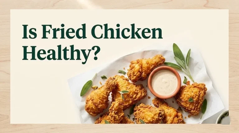 Is fried chicken healthy Overhead flat-lay of crispy fried chicken pieces on parchment with herbs, editorial banner style.