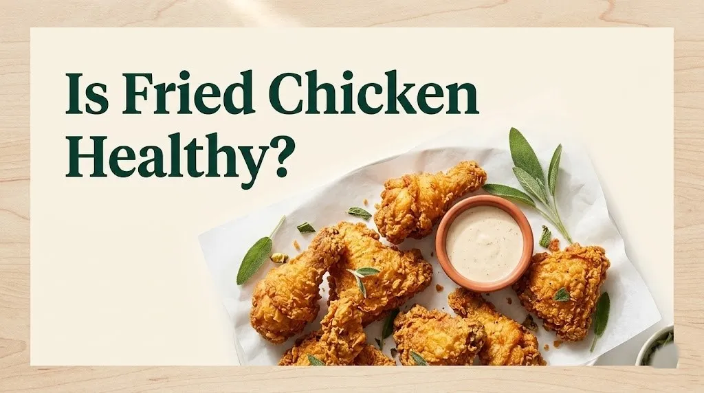 Is fried chicken healthy Overhead flat-lay of crispy fried chicken pieces on parchment with herbs, editorial banner style.