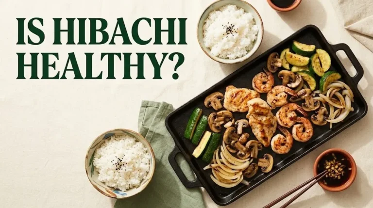 Is hibachi healthy overhead flat-lay of grilled chicken shrimp vegetables rice and ginger sauce on cream background