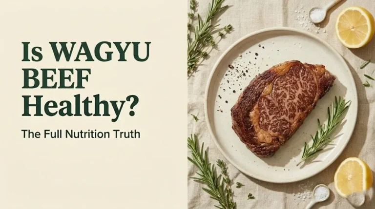Is wagyu beef healthy seared wagyu beef slice showing marbling on cream plate, flat-lay food photography