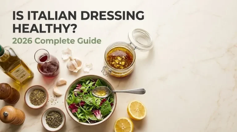 Jar of homemade Italian dressing with olive oil, red wine vinegar, garlic, herbs, and fresh greens. Headline reads Is Italian Dressing Healthy